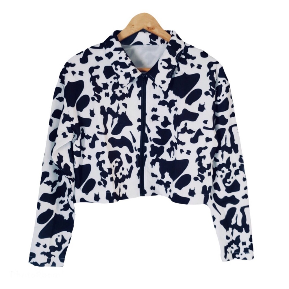 cow print collared cropped jacket